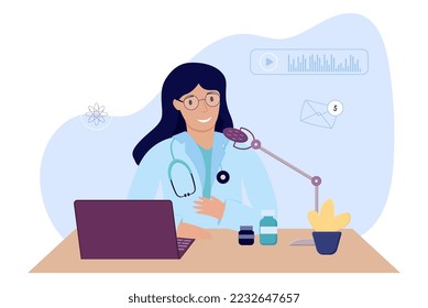 Doctor records an online podcast, female doctor gives a lecture about medicine, Doctor is working on a laptop