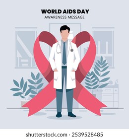 O médico e a fita vermelha no cartaz simbolizam a unidade e o compromisso na luta contra a AIDS. As plantas acrescentam esperança e crescimento, incentivando a conscientização e prevenção. Neste Dia Mundial da AIDS, vamos