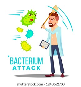 Doctor Reflecting Bacterium Attack Vector. Isolated Cartoon Illustration
