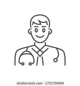 Icono de línea delgada vectorial relacionado con el doctor. Un hombre con un estetoscopio en los hombros. Aislado sobre fondo blanco. Trazo editable. Ilustración vectorial.