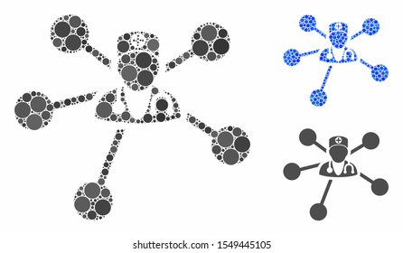Doctor relations mosaic of circle elements in variable sizes and shades, based on doctor relations icon. Vector circle elements are composed into blue collage.