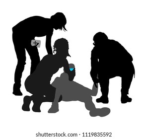 Doctor rescue patient first aid vector silhouette. Unconscious collapsed man laying down. Snake attack victim. Paramedic rescue team resuscitating. Drowning revitalize. Battle for life. Revival help.