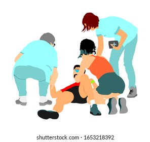 Doctor rescue patient first aid vector illustration. Unconscious collapsed man laying down. Snake attack victim. Paramedic rescue team resuscitating. Drowning revitalize. Battle for life. Revival help