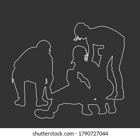 Doctor rescue patient first aid vector line contour silhouette. Unconscious collapsed man laying down. Snake attack victim. Paramedic rescue team. Drowning revitalize. Battle for life. Revival help.
