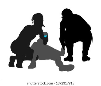 Doctor rescue patient first aid vector silhouette. Unconscious collapsed man laying down. Snake attack victim. Paramedic rescue team resuscitating. Drowning revitalize. Battle for life. Revival help.