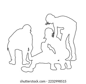 Doctor rescue patient first aid vector line contour silhouette. Unconscious collapsed man laying down. Snake attack victim. Paramedic rescue team. Drowning revitalize. Battle for life. Revival help.