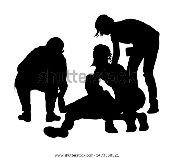 Doctor rescue patient first aid vector silhouette.\
Unconscious collapsed man laying down. Snake attack victim.\
Paramedic rescue team resuscitating. Drowning revitalize. Battle\
for life. Revival help.