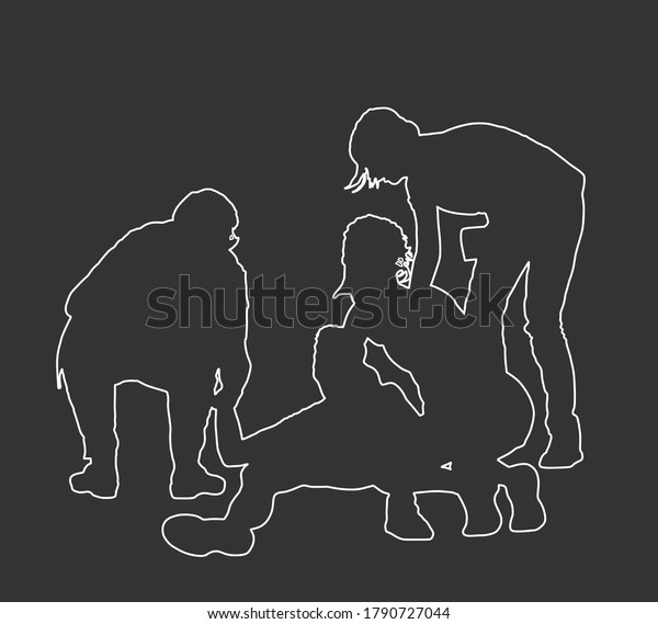 Doctor rescue patient first aid vector line\
contour silhouette. Unconscious collapsed man laying down. Snake\
attack victim. Paramedic rescue team. Drowning revitalize. Battle\
for life. Revival help.