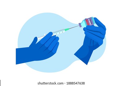 doctor or researcher hands holding syringe and bottle vial prepare for injection vaccine development fight against covid-19 concept horizontal vector illustration