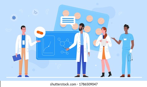 Doctor Researcher Team Vector Illustration. Cartoon Flat Scientist Doctor Characters Work At Researching Training Center, Medical Pharmacists Study, Analyze Data. Modern Medicine Technology Background