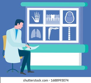 Doctor researching x-ray of hand, tooth and lungs, healthcare online. Modern technology, diagnosis or consultation app, professional service vector