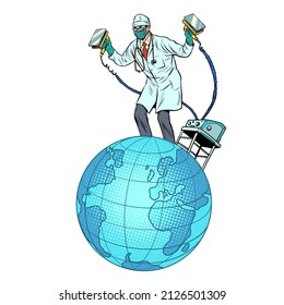 The Doctor resuscitates planet Earth with an defibrillator electric shock. Ecology and politics, health. Pandemic and epidemic. pop art Retro vector Illustration 50s 60s kitsch Vintage style