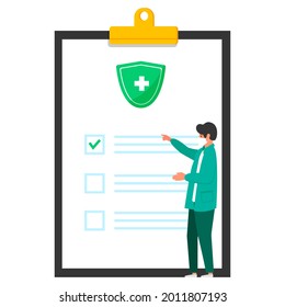 The Doctor Is Reviewing The Treatment Report, Check List On Health Information Of Diagnosis, Health Insurance. Medical Service. Document With Results Of Laboratory Test. Vector Illustration