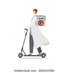 Doctor ride kick scooter and carrying a vaccine bag.Flat design style.Isolated on white background.Vector illustration about mobile vaccine.