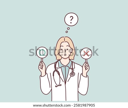 doctor with a right and wrong sign. Hand drawn style vector design illustrations.