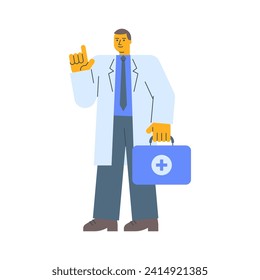 Doctor in robe holds suitcase points finger up and smiles. Vector Illustration