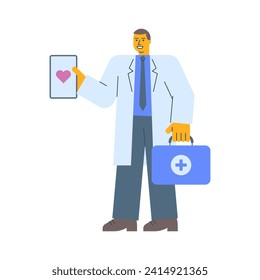 Doctor in robe holds tablet with picture heart holds suitcase and smiles. Vector Illustration