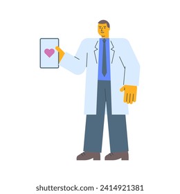 Doctor in robe holds tablet with picture heart and smiles. Vector Illustration