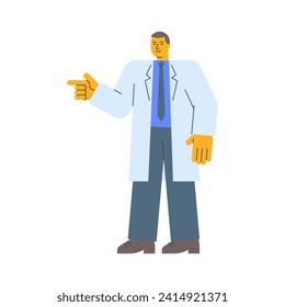Doctor in robe points finger and smiles. Vector Illustration