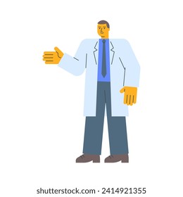 Doctor in robe points hand and smiles. Vector Illustration
