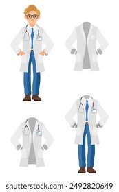 doctor en bata, uniforme, ropa de trabajo Ilustración vectorial de estilo plano aislado sobre fondo blanco