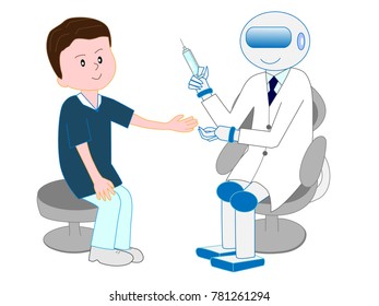 A doctor of a robot with artificial intelligence is about to make an injection.

