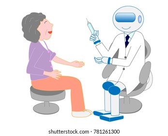 A doctor of a robot with artificial intelligence is about to make an injection.
