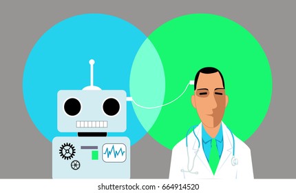 Doctor and robot connected with a wire, EPS 8 vector illustration