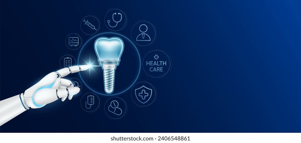 Arzt Roboter Cyborg Finger berühren Zahnimplantat mit medizinischen Symbolen. Virtuelle Schnittstelle menschlicher Organe. Innovative Technologie im Gesundheitswesen futuristisch. Fügt Banner leeren Platz für Text hinzu. Vektorgrafik.