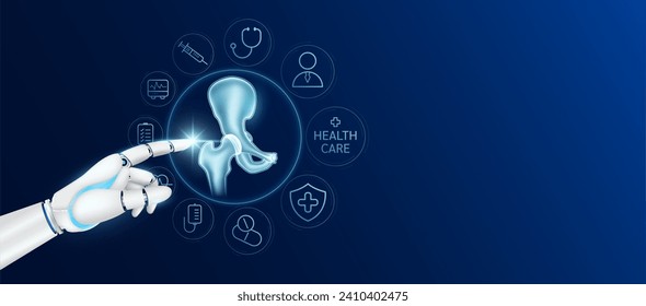 Doctor robot cyborg finger touching hip with medical icons. Human organ virtual interface. Innovative technology in health care futuristic. Ads banner empty space for text. Vector.