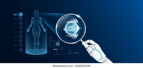 Doctor robot hand holding magnifying glass looking eyeball analysis and anatomy hologram of the female body. Diagnosis with AI artificial intelligence technology. Innovative medical healthcare. Vector