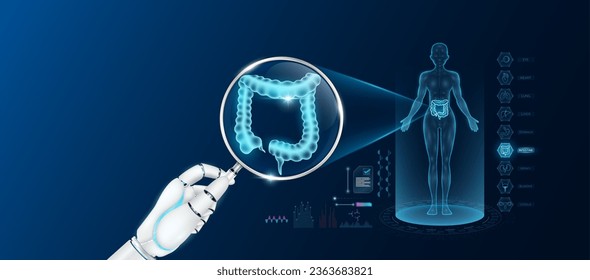 Gráfica del doctor robot sosteniendo la lupa mirando el análisis intestinal y el holograma anatómico del cuerpo femenino. Diagnóstico con la tecnología de inteligencia artificial. Salud médica innovadora.