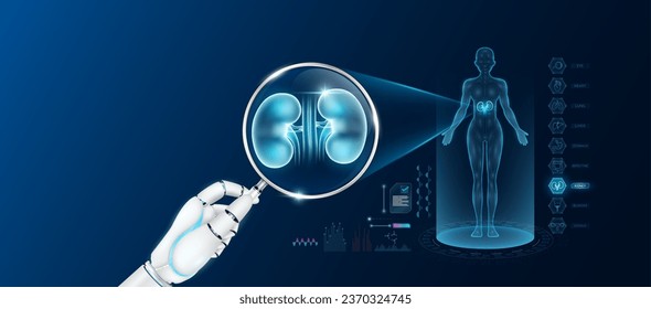 Doctor robot hand holding magnifying glass looking kidney analysis and anatomy hologram of the female body. Diagnosis with AI artificial intelligence technology. Innovative medical healthcare. Vector