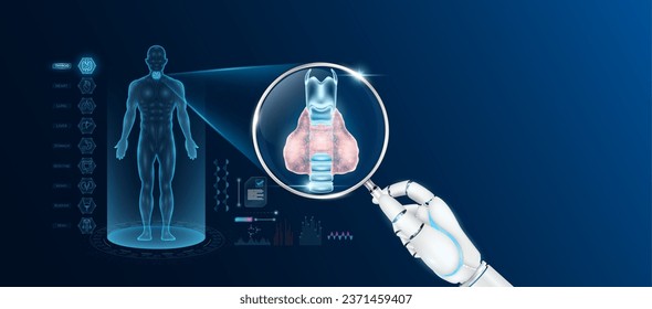 Doctor robot hand holding magnifying glass looking thyroid analysis diagnosis with AI artificial intelligence technology. Anatomy hologram of the male body. Innovative medical healthcare. Vector.