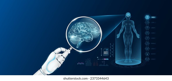 La mano del doctor robot sostiene la lupa mirando el análisis cerebral y el holograma de anatomía del cuerpo femenino. Diagnóstico con la tecnología de inteligencia artificial. Salud médica innovadora. Vector