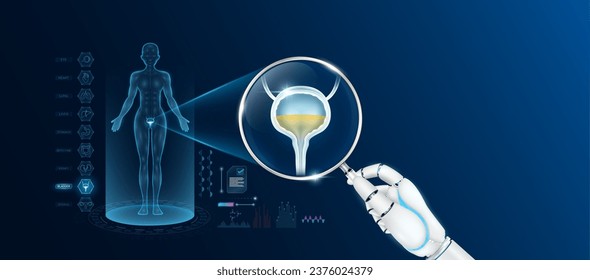 Doctor robot hand holding magnifying glass looking bladder analysis and anatomy hologram of the female body. Diagnosis with AI artificial intelligence technology. Innovative medical healthcare. Vector