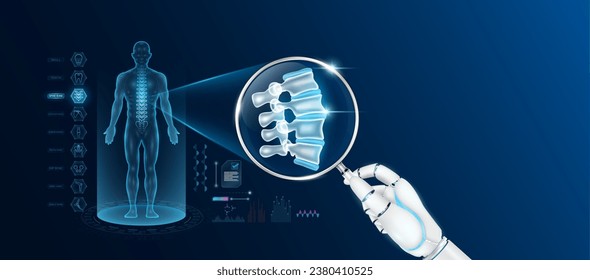 Doctor robot hand holding magnifying glass looking spine bone analysis diagnosis with AI artificial intelligence technology. Anatomy hologram of the male body. Innovative medical healthcare. Vector.