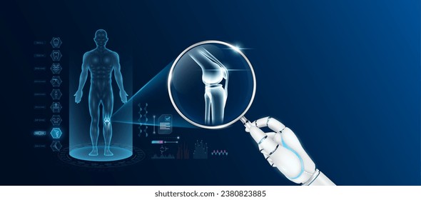 Doctor robot hand holding magnifying glass looking knee joint bone analysis diagnosis with AI technology. Anatomy hologram of the male body. Innovative medical healthcare. Vector.
