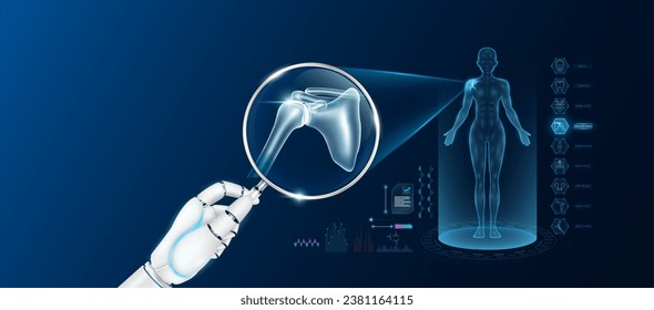 Doctor robot hand holding magnifying glass looking shoulder bone analysis and anatomy hologram of the female body. Diagnosis with AI  technology. Innovative medical healthcare. Vector.