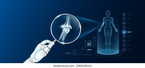 Doctor robot hand holding magnifying glass looking elbow bone analysis and anatomy hologram of the female body. Diagnosis with AI artificial intelligence technology. Innovative medical healthcare.