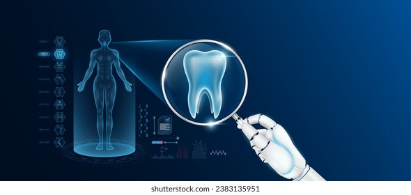 Doctor robot hand holding magnifying glass looking tooth analysis and anatomy hologram of the female body. Diagnosis with AI artificial intelligence technology. Innovative medical healthcare. Vector