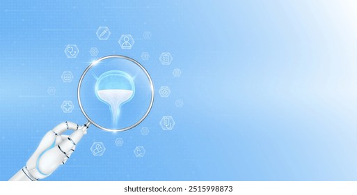 Doctor robot hand holding magnifying glass bladder analysis. Human organ surrounded by medical icon. Healthcare technology concept. Medical science banner with empty space for text. Vector EPS10.