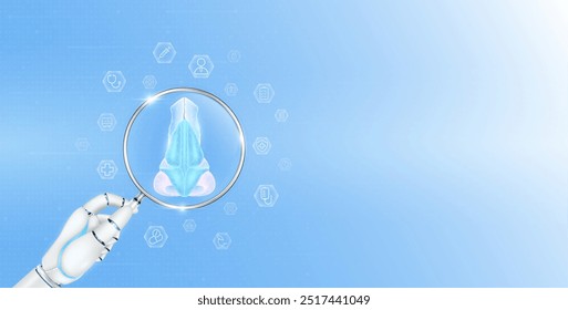 Doctor robot hand holding magnifying glass nose analysis. Human organ surrounded by medical icon. Healthcare technology concept. Medical science banner with empty space for text. Vector EPS10.