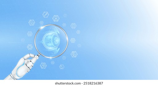 Doctor robot hand holding magnifying glass eyeball analysis. Human organ surrounded by medical icon. Healthcare technology concept. Medical science banner with empty space for text. Vector EPS10.