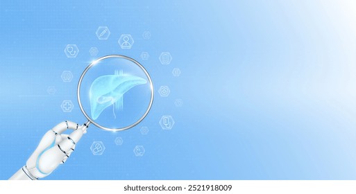 Doctor robot hand holding magnifying glass liver analysis. Human organ surrounded by medical icon. Healthcare technology concept. Medical science banner with empty space for text. Vector EPS10.
