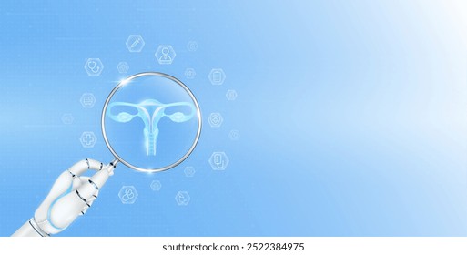 Doctor robot hand holding magnifying glass female uterus analysis. Human organ surrounded by medical icon. Healthcare technology concept. Medical science banner with empty space for text. Vector.