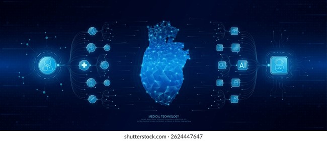 Doctor and robot icons in circuit board chip. Medical technology network connection and artificial intelligence (AI) against polygon human heart. Digital health care smart. Banner vector.