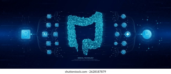 Doctor and robot icons in circuit board chip. Medical technology network connection and artificial intelligence (AI) against polygon human intestine. Digital health care smart. Banner vector.