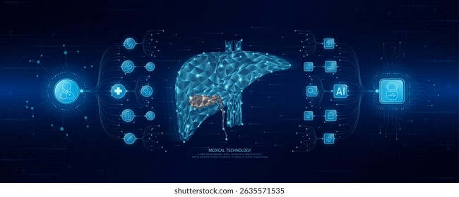 Doctor and robot icons in circuit board chip. Medical technology network connection and artificial intelligence (AI) against polygon human liver. Digital health care smart. Banner vector.