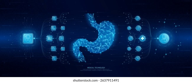 Doctor and robot icons in circuit board chip. Medical technology network connection and artificial intelligence (AI) against polygon human stomach. Digital health care smart. Banner vector.